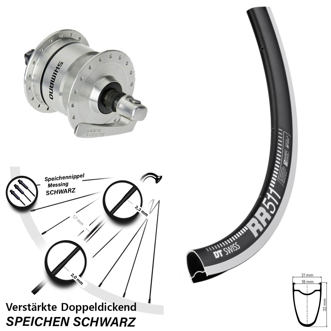 Vorderrad mit Nabendynamo 28 Zoll DT Swiss RR511 CNC Shimano DH-3N72 QR
