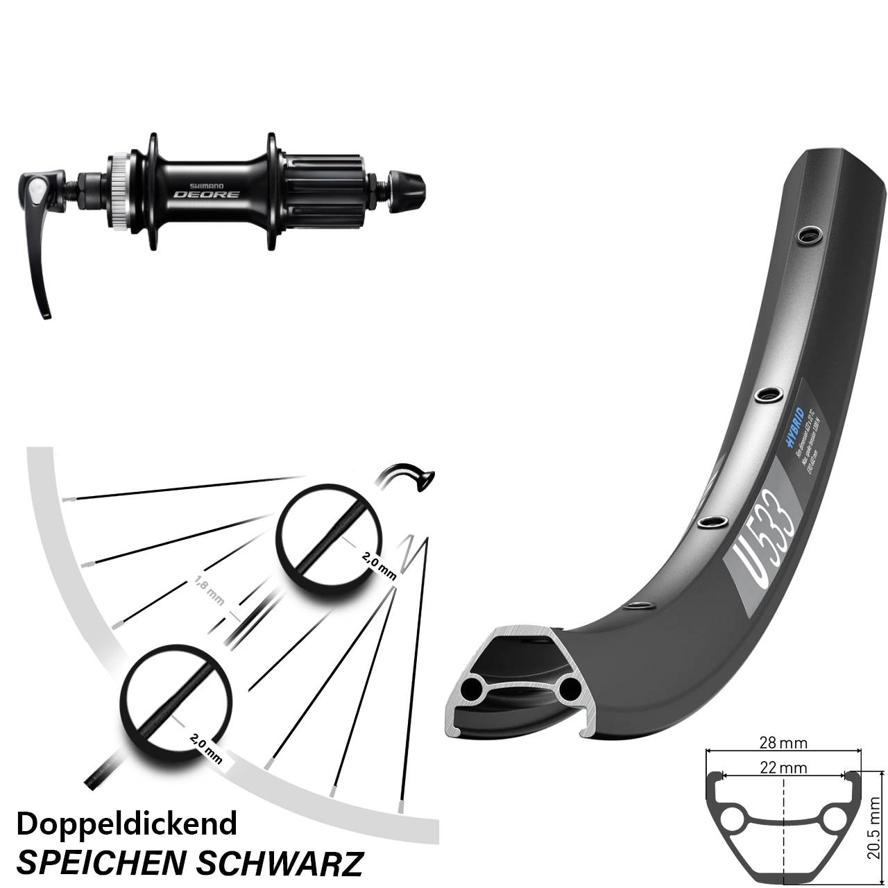 27,5 Zoll DT Swiss U 533 Shimano Deore Disc Laufrad für Schnellspanner 8-11 fach