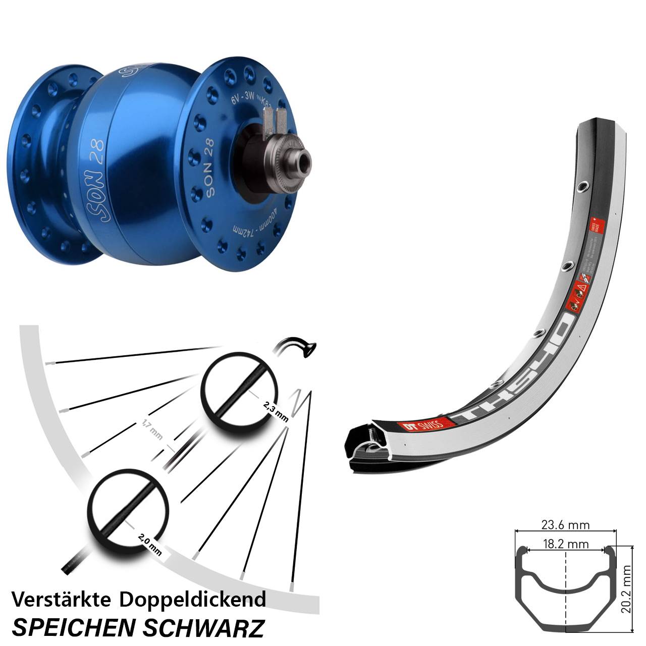 Nabendynamovorderrad für Schnellspanner blauer SON 28 Zoll DT Swiss TK 540