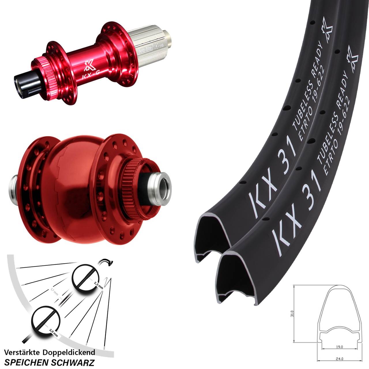 Centerlock Laufradsatz KX-G 31 SON 28 Zoll rot 8-12 fach 12x100/142