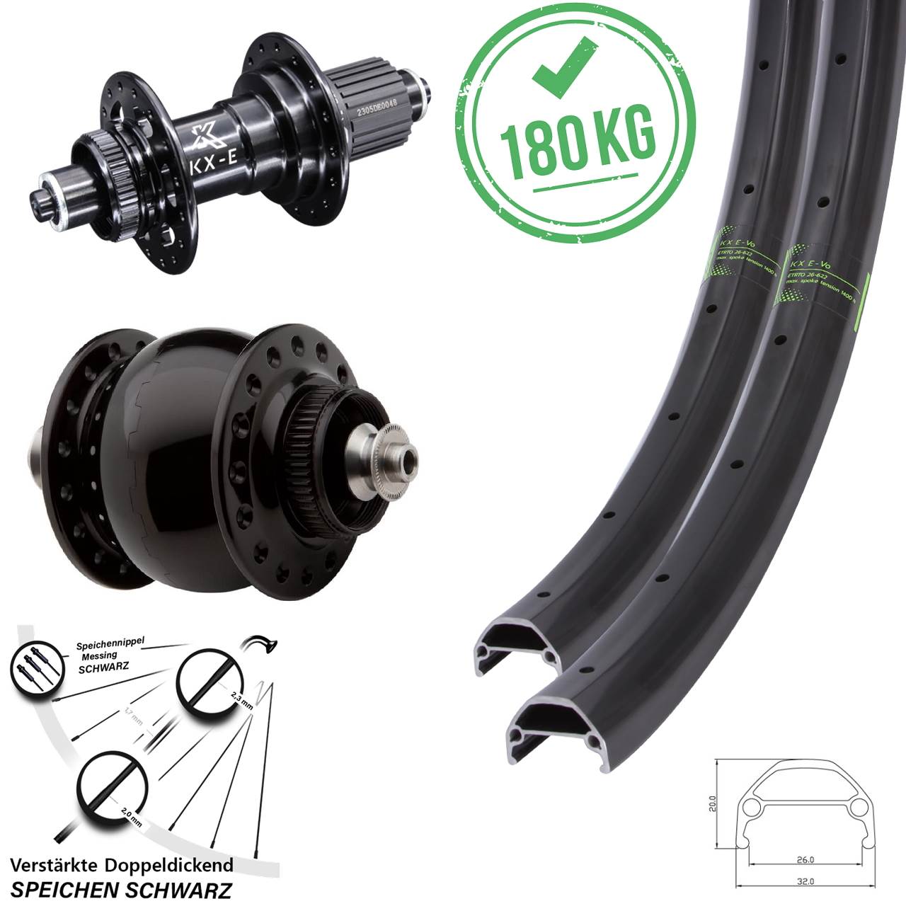 26 Zoll KX-E Evo 6 Kugellager SON 28 Laufrad-Satz für Schnellspanner Shimano Micro Spline