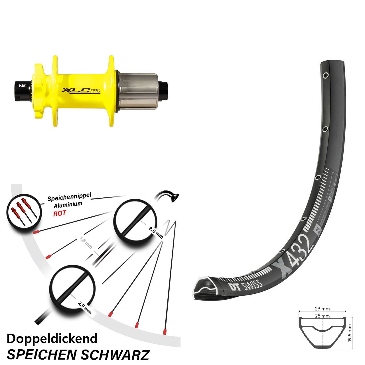 29 Zoll DT Swiss X432 XLC Pro gelb Disc Hinterrad 12x142 8-11 fach HG