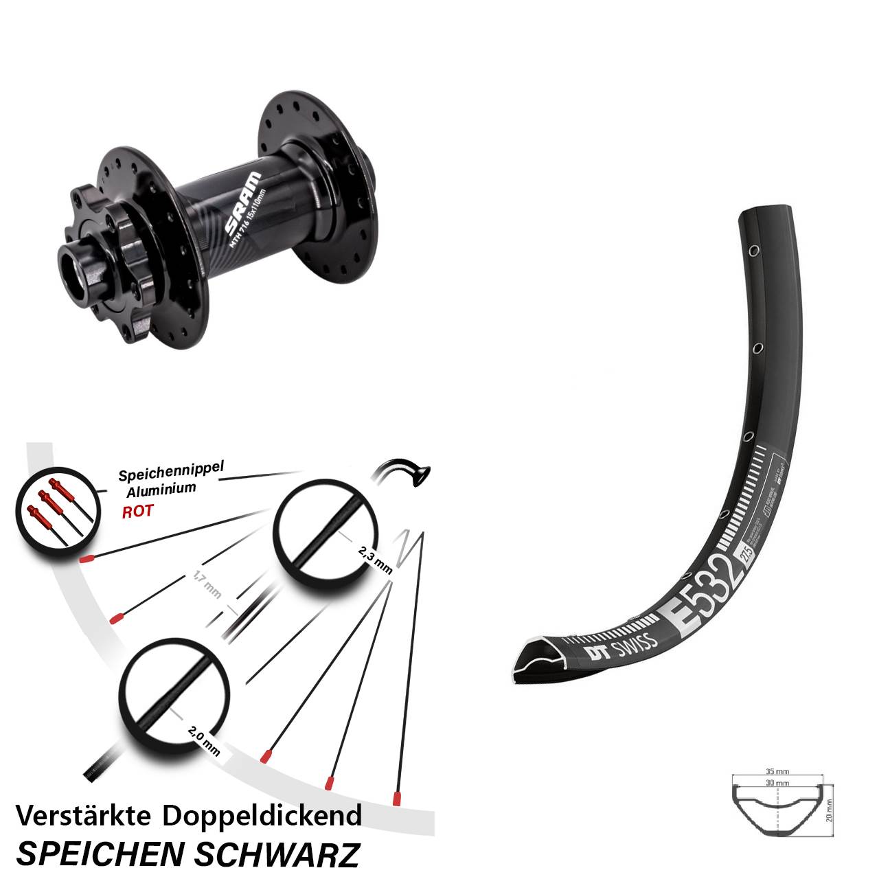 DT Swiss E 532 Sram 716 27,5 Zoll Disc Vorderrad 15x110 Boost