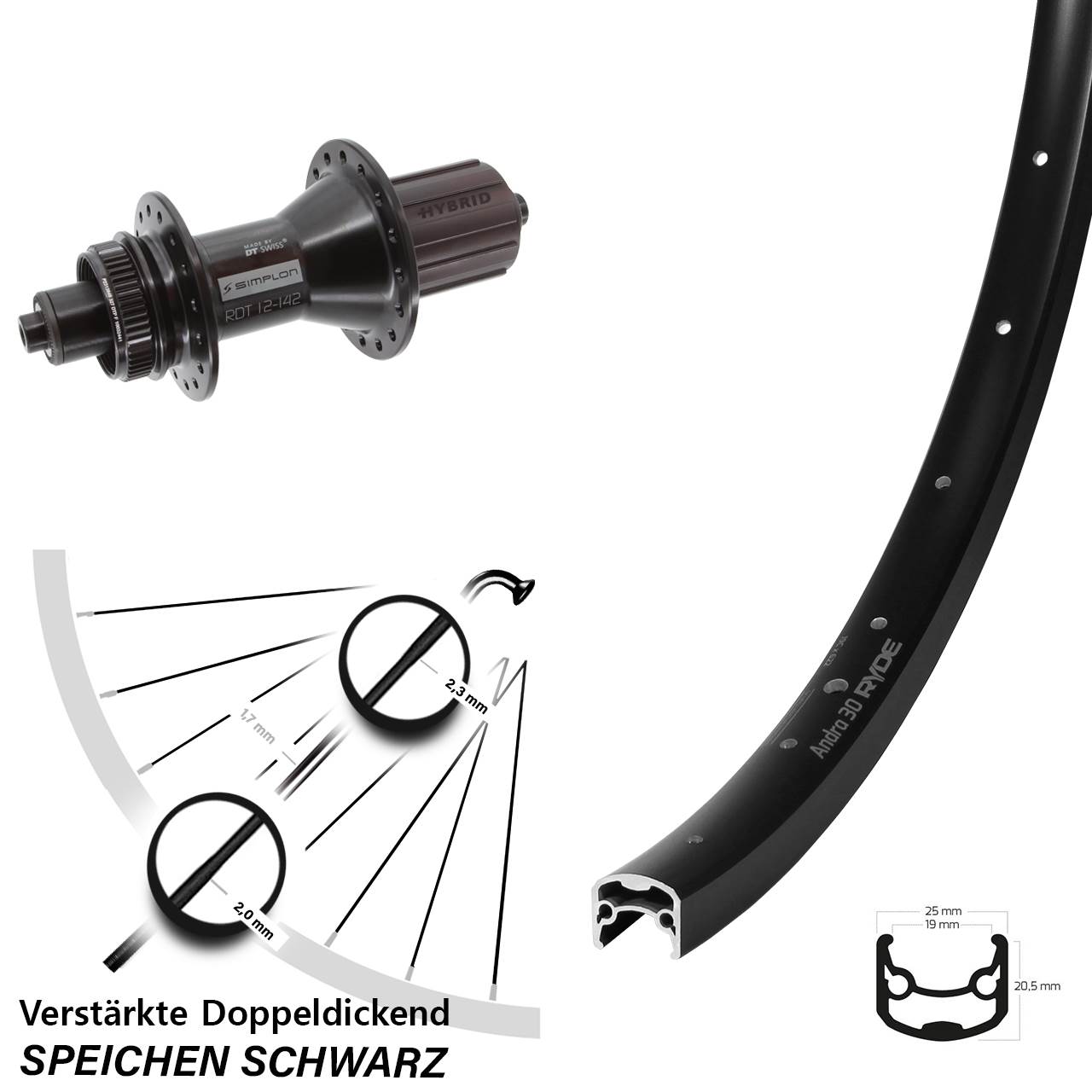 28 Zoll Ryde Andra 30 Disc DT Swiss 370 Hybrid Hinterrad Centerlock QR 8-11 fach HG