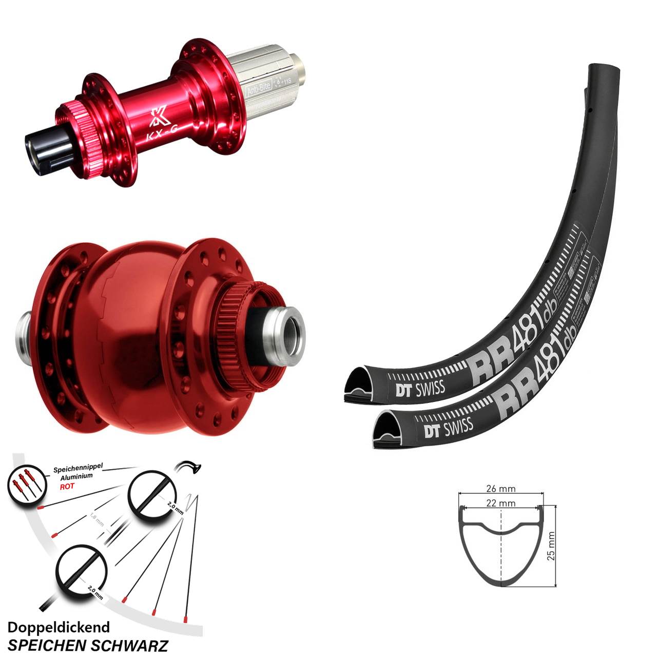 Disc Laufradsatz DT Swiss RR 481 KX-G rot SON 28 Zoll 8-12 fach 12x100/142