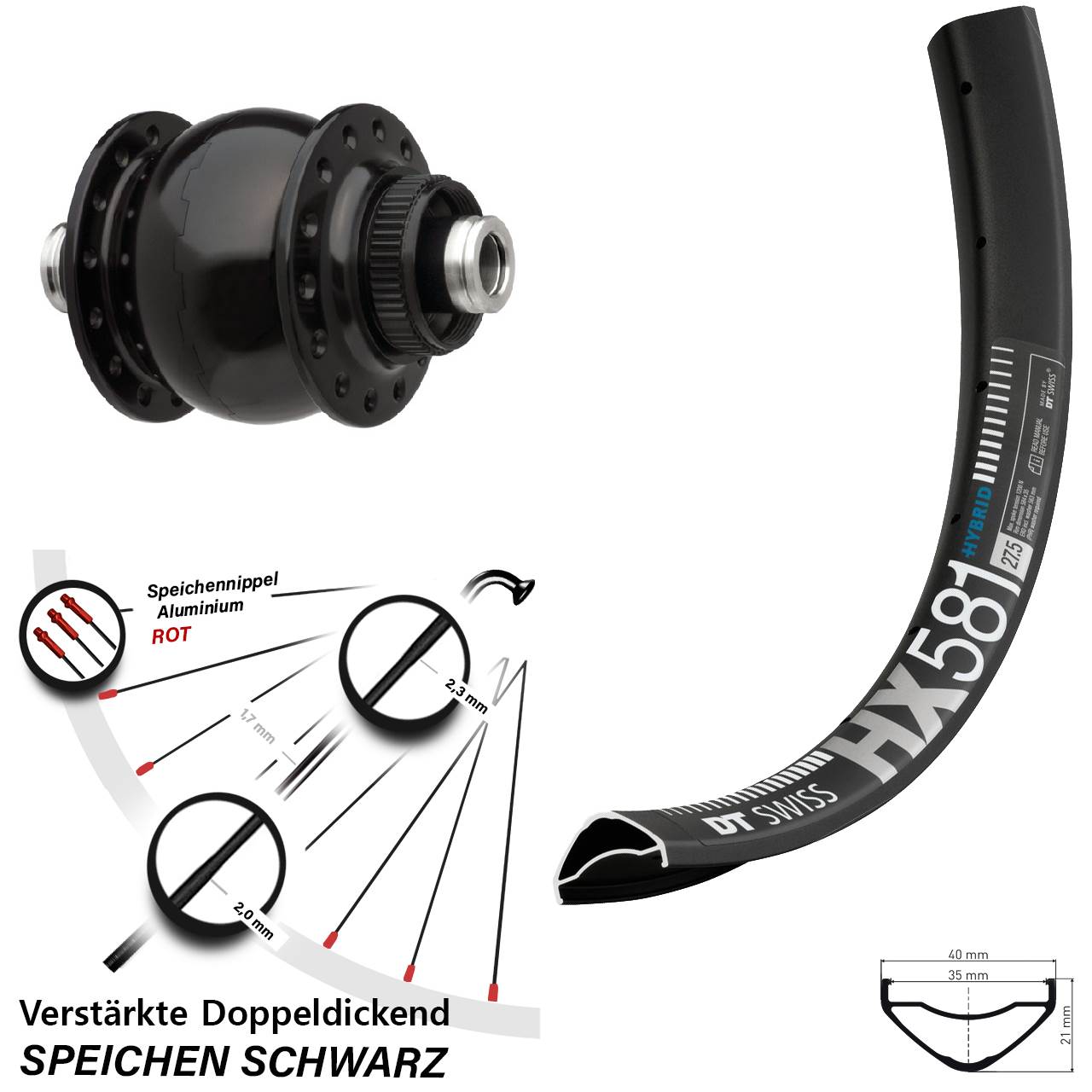 Centerlock Vorderrad mit Dynamo 27,5 Zoll DT Swiss HX581 SON 28 12x100