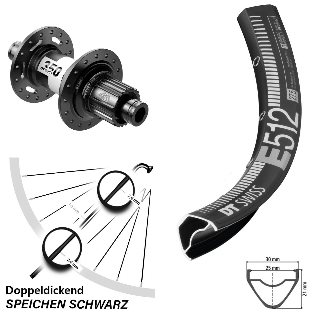 27,5 Zoll DT Swiss E512-350 DEG 72 Hinterrad Centerlock 12x148 Shimano Micro Spline