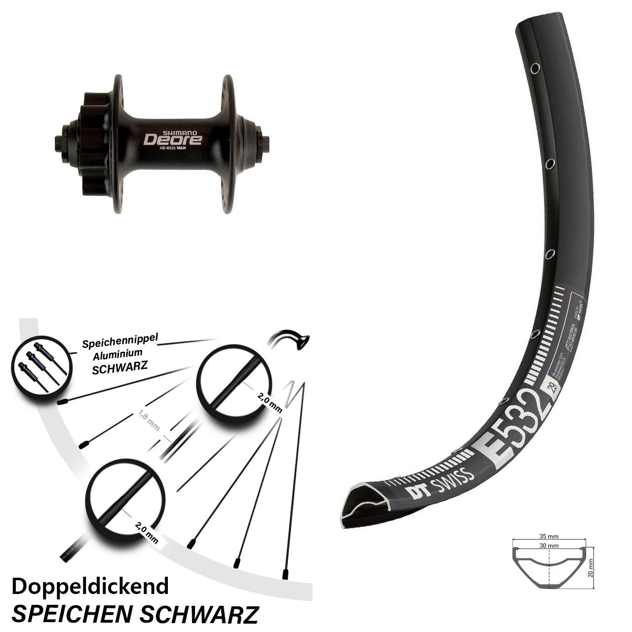 DT Swiss E532 Shimano Deore 27,5 Zoll Vorderrad 6-Loch für Schnellspanner
