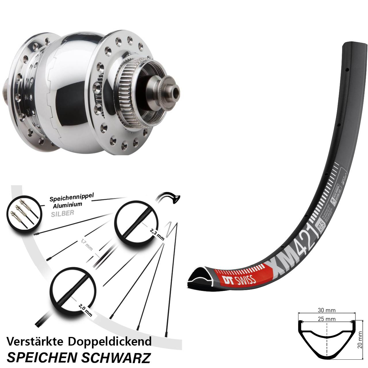 Disc Nabendynamovorderrad 27,5 Zoll DT Swiss XM421 SON 28 poliert für Schnellspanner