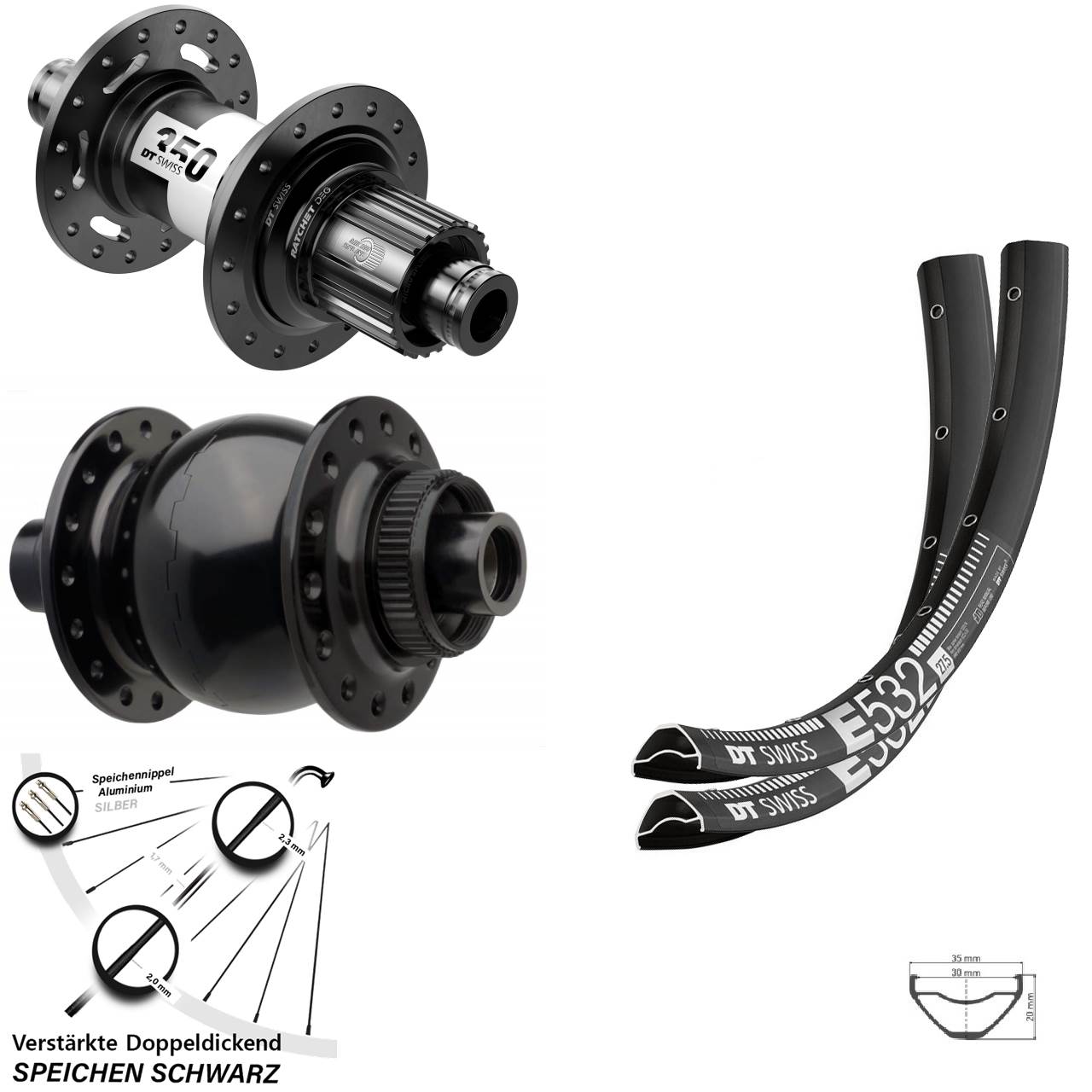 DT Swiss E 532 SON Nabendynamo 29 Zoll MTB Laufradsatz schwarz