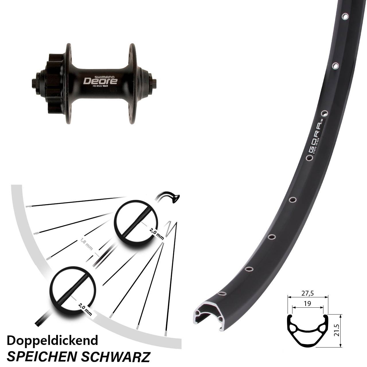 Disc Laufrad 27,5 Zoll Gora 19 Shimano Deore HB-M525 für Schnellspanner