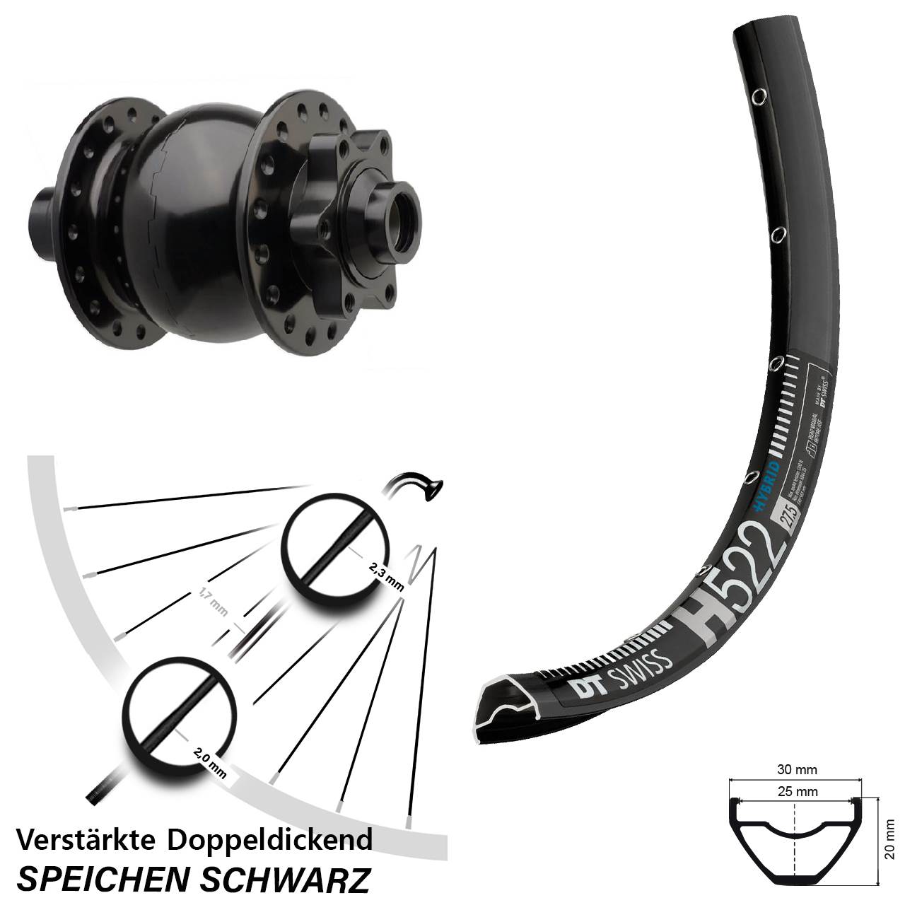 DT Swiss H522 29 Zoll Vorderrad Son 28-15 Nabendynamo Boost