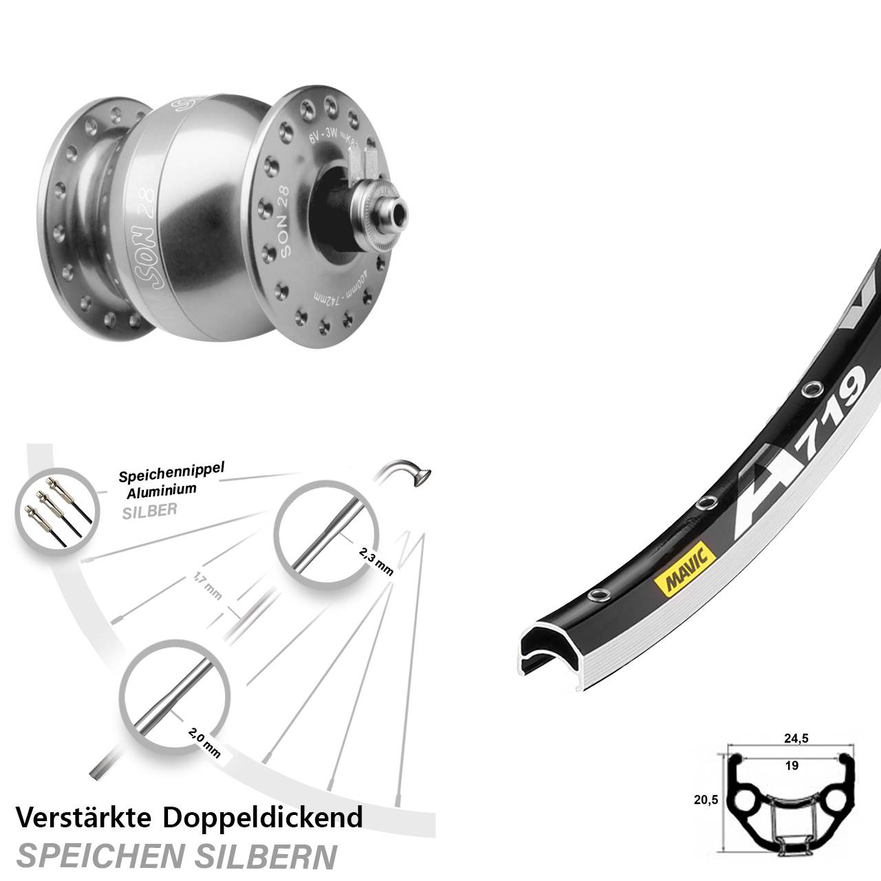 Nabendynamo-Vorderrad SON 28 Zoll Mavic A719 silbern QR