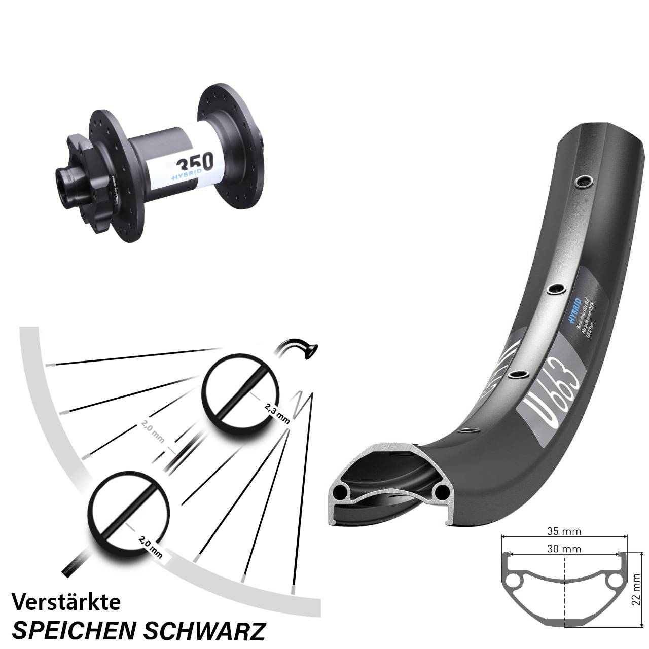 Vorderrad 20 Zoll DT Swiss U 663-350 Hybrid 6-Loch 15x110 Boost