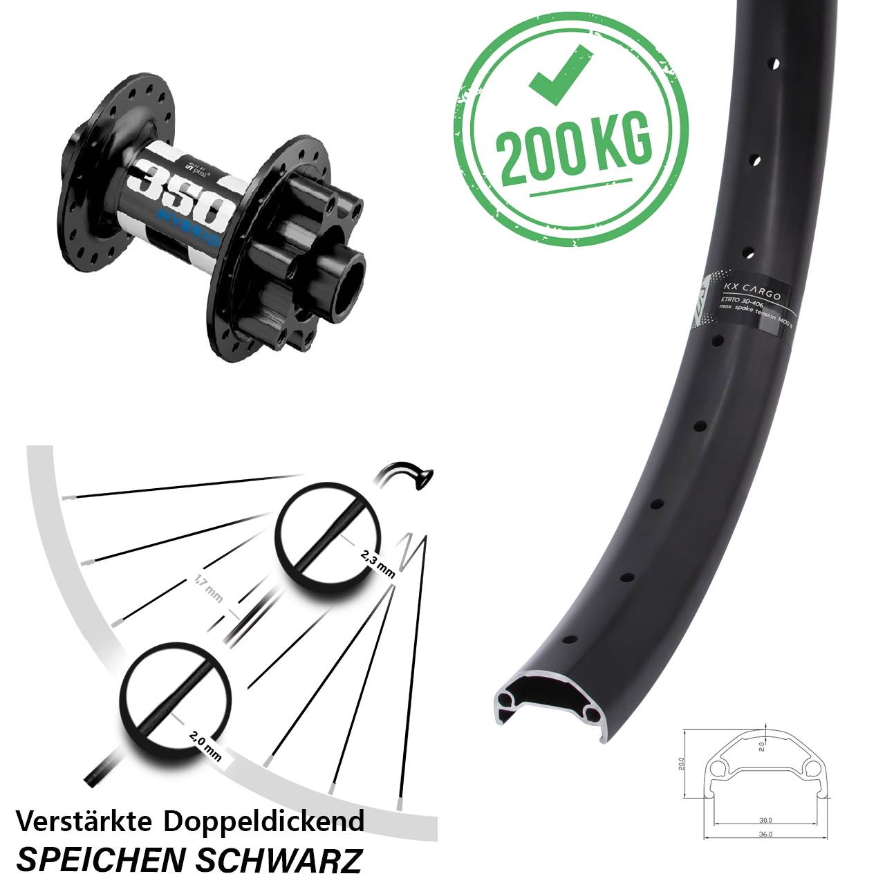 20 Zoll KX Cargo DT Swiss 350 Hybrid Vorderrad 6-Loch Lastenrad 15x110 Boost