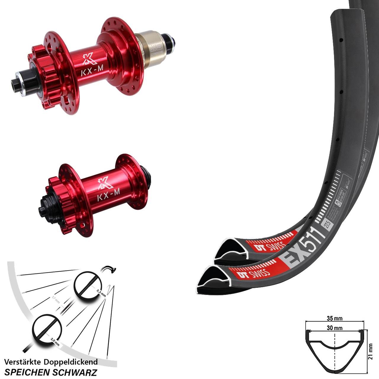 Disc Laufrad-Satz 27,5 Zoll DT Swiss EX511 KX-M rot XD QR