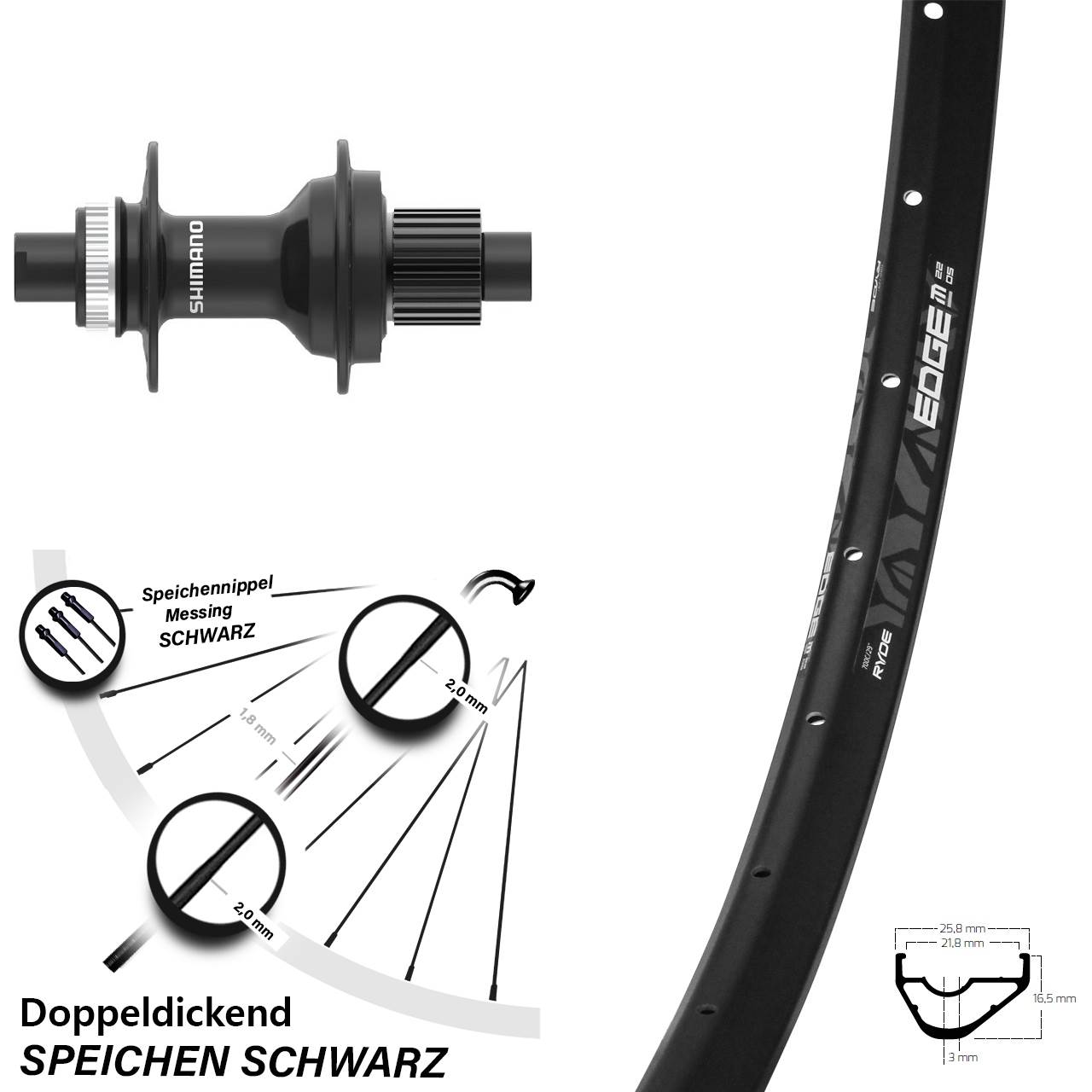 Hinterrad Centerlock 29 Zoll Ryde Edge M22 Shimano FH-MT410 Shimano Micro Spline 12x142