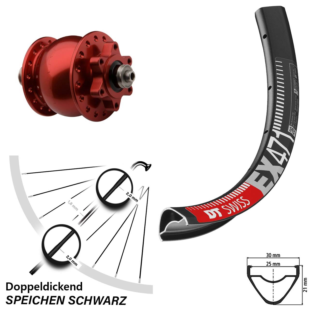 Disc Dynamo-Vorderrad für Schnellspanner 26 Zoll DT Swiss EX 471 SON 28 rot