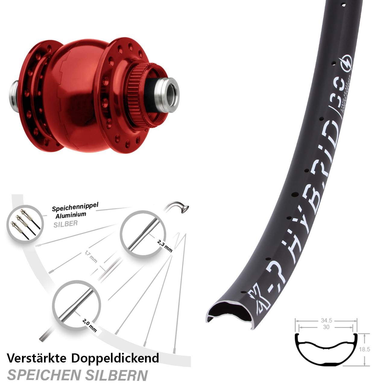 Centerlock Dynamo-Vorderrad 12x100 29 Zoll KX-R Hybrid 30 SON 28 rot