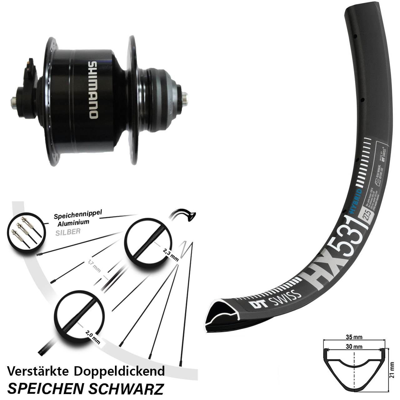 Disc Nabendynamovorderrad 29 Zoll DT Swiss HX 531 Shimano DH-3D72 für Schnellspanner