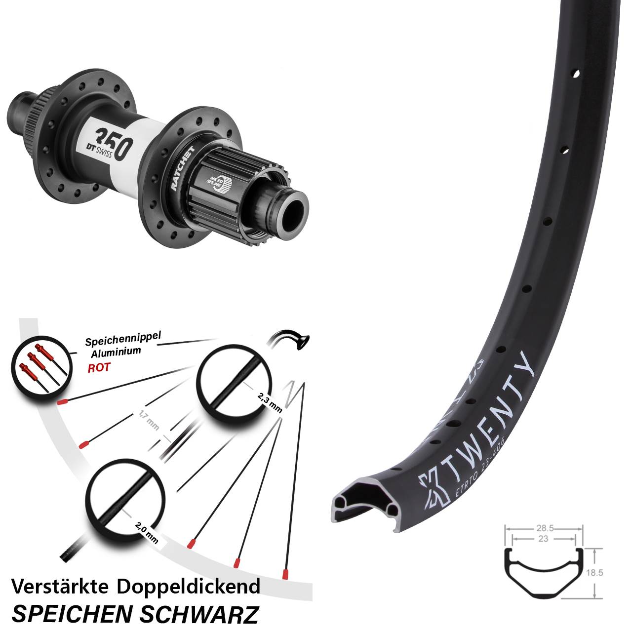 Disc Laufrad 20 Zoll KX Twenty DT Swiss 350 Ratchet 36 Shimano Micro Spline 12x142