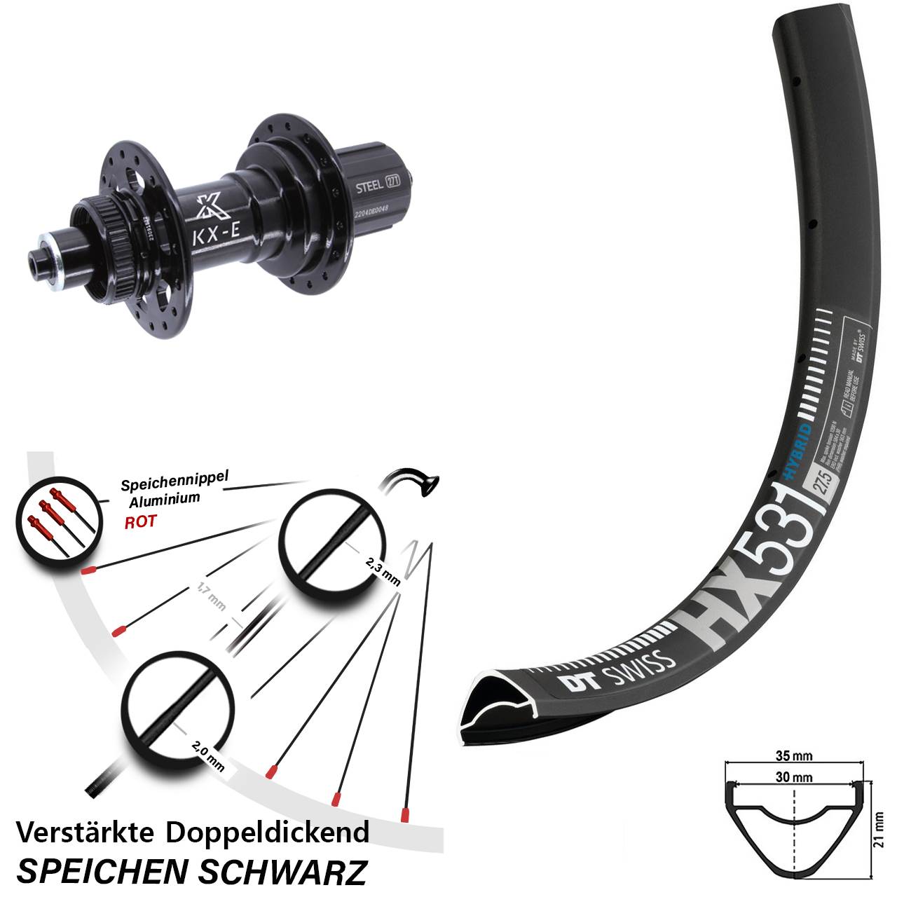 Centerlock Hinterrad 27,5 Zoll DT Swiss HX 531 KX-E 8-12 fach HG für Schnellspanner Boost