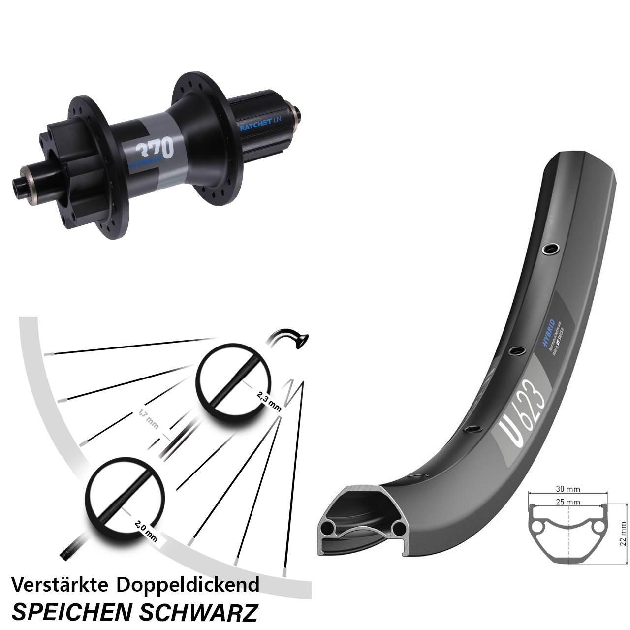 28-29 Zoll DT Swiss U 623-370 Hybrid 6-Loch Hinterrad QR Boost 8-11 fach HG