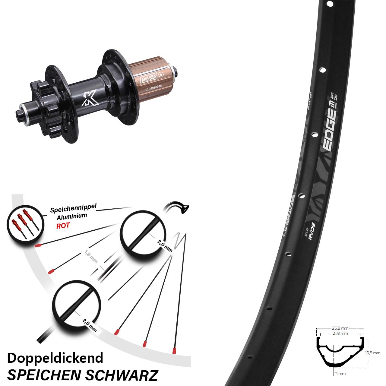 29 Zoll Hinterrad Ryde Edge M22 OS mit KX-M 10-fach 6-loch Nabe QR
