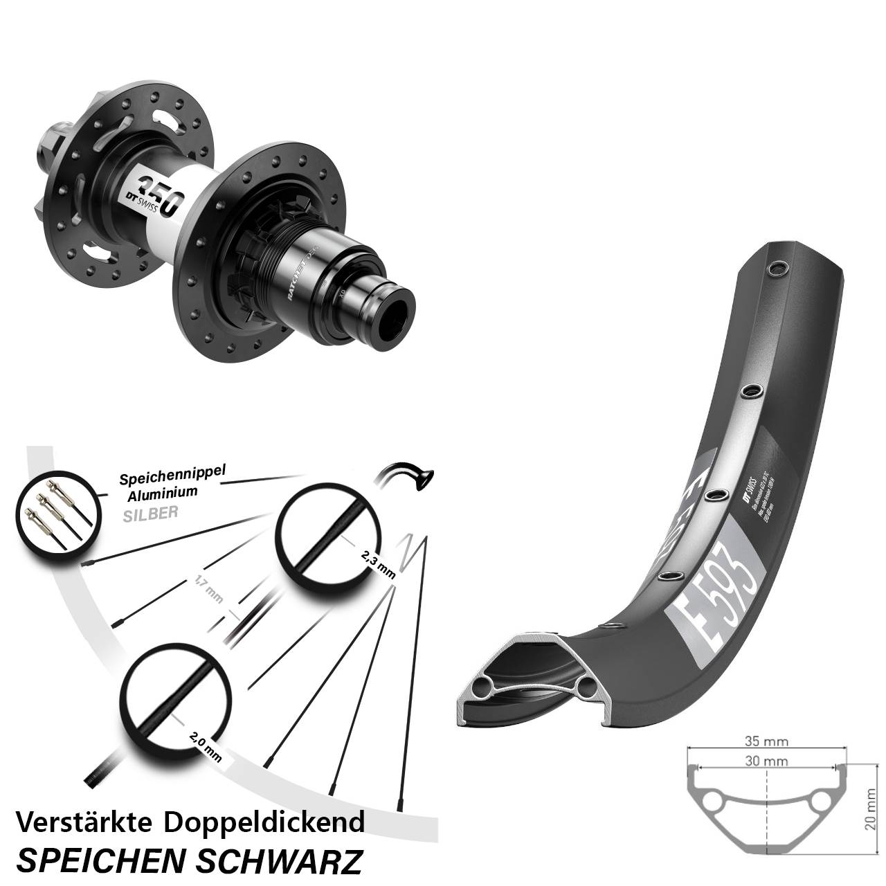 29 Zoll DT Swiss E 593-350 DEG72 6-Loch Hinterrad 12x148 XD