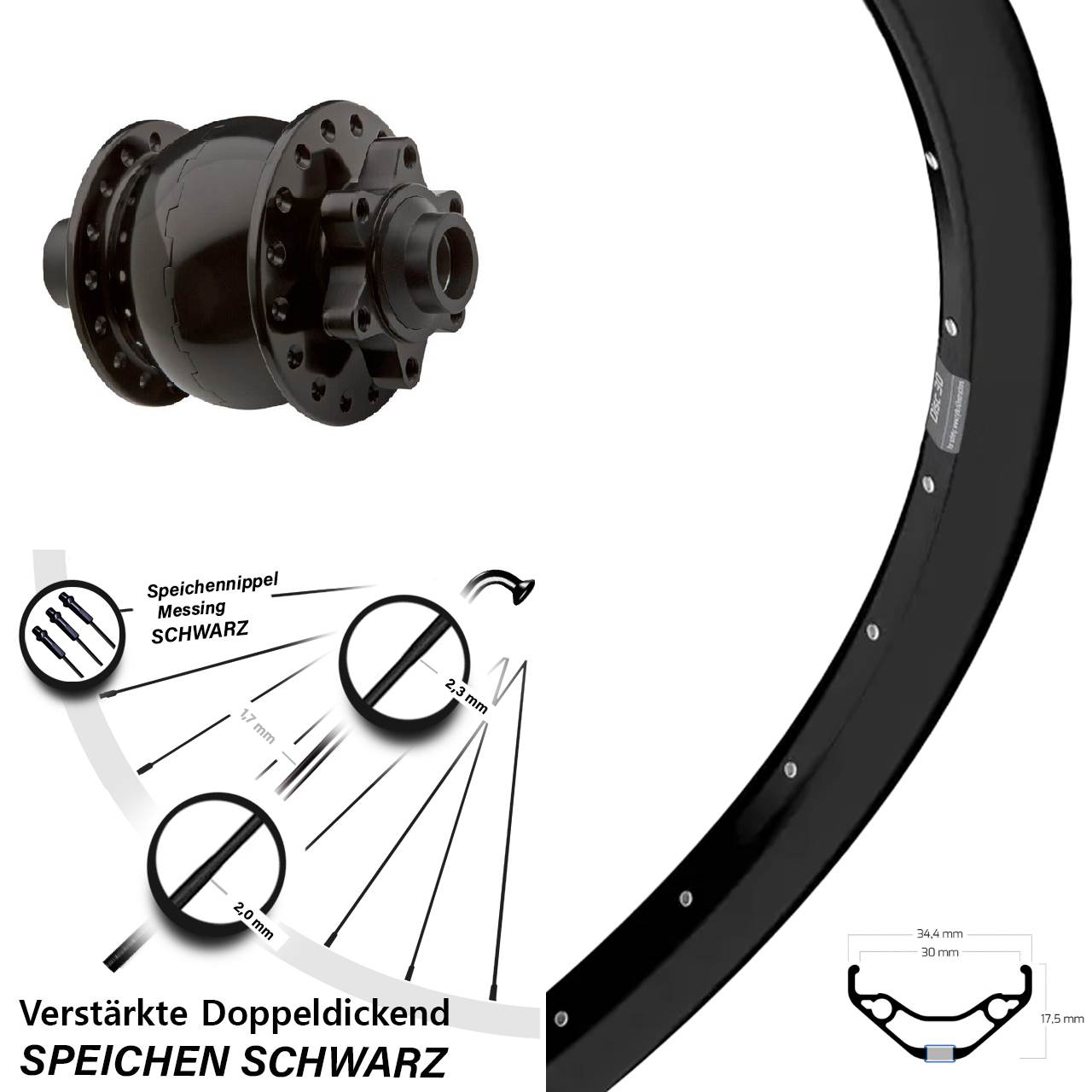 Nabendynamovorderrad 6-Loch 15x100 27,5 Zoll Ryde Disc 30 SON 28