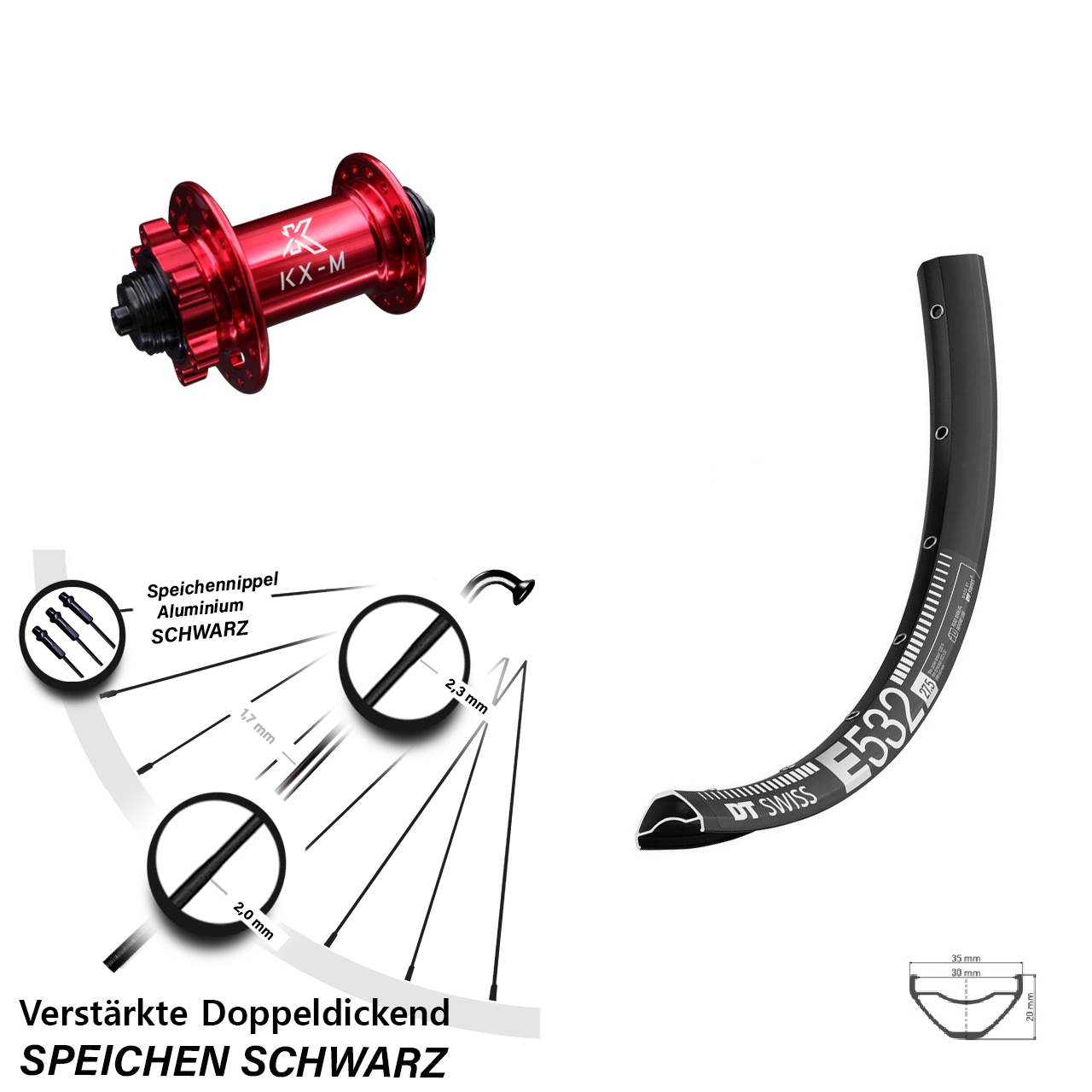 Vorderrad 6-Loch 27,5 Zoll DT Swiss E532 KX-M rot für Schnellspanner
