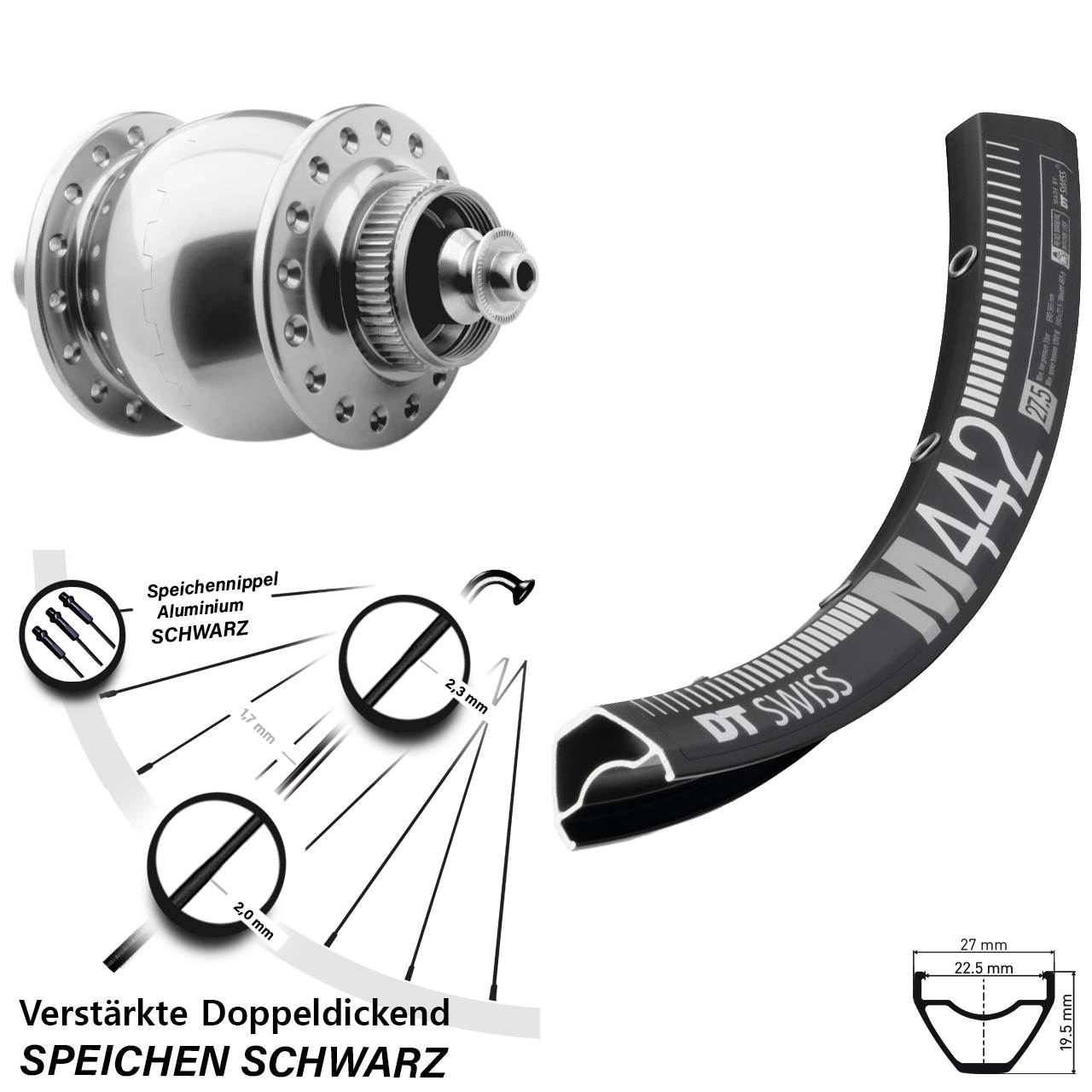 SON 28 silbern DT Swiss M 442 28-29 Zoll Disc Laufrad mit Nabendynamo für Schnellspanner