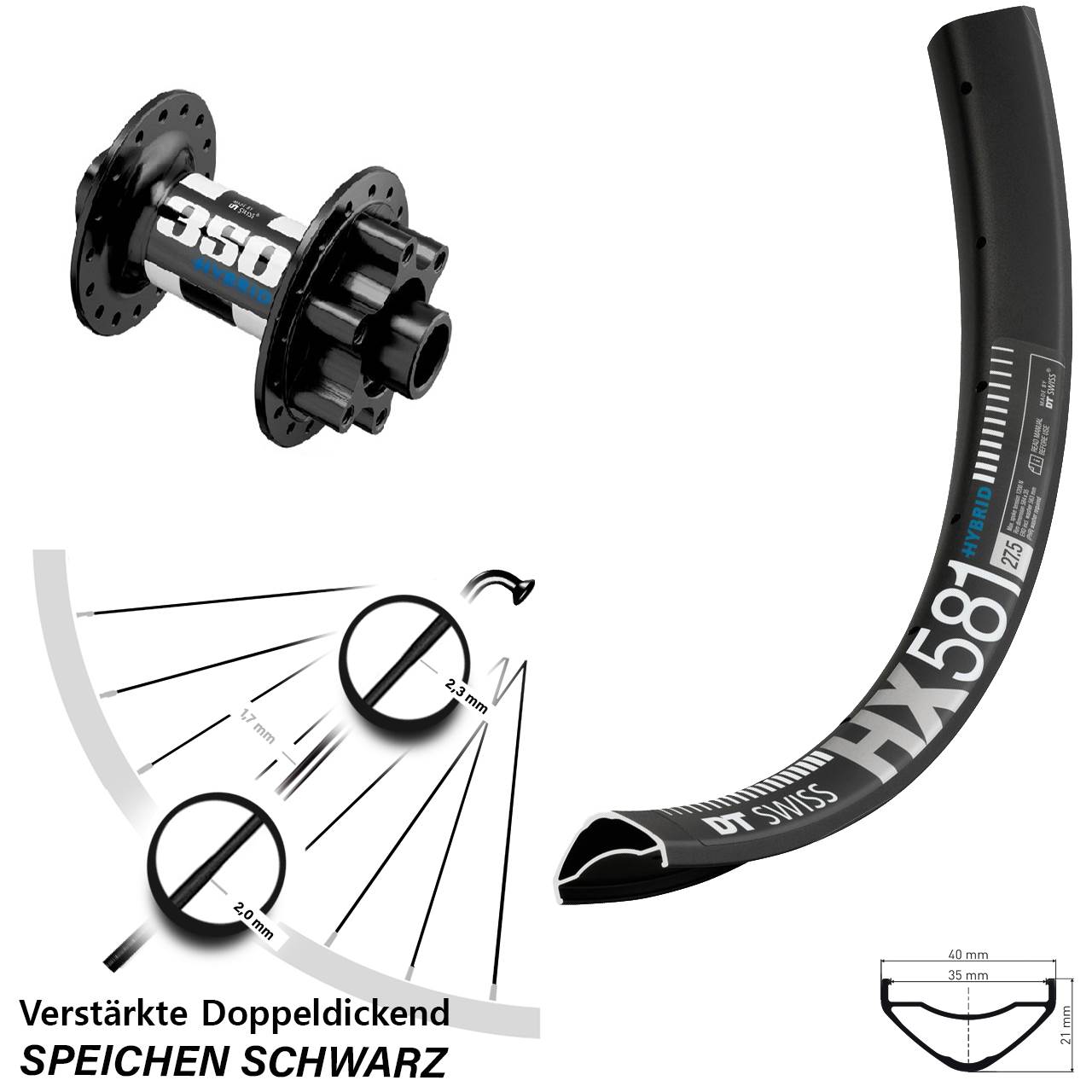 27,5 Zoll HX 581 DT Swiss 350 Hybrid Boost 6-Loch Vorderrad 15x110 E-Bike