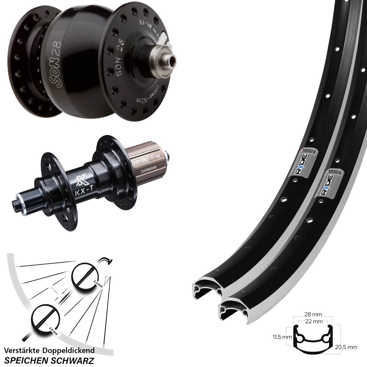 Ryde Andra 35 KX-T SON 28 27,5 Zoll Laufradsatz für Schnellspanner 8-11 fach