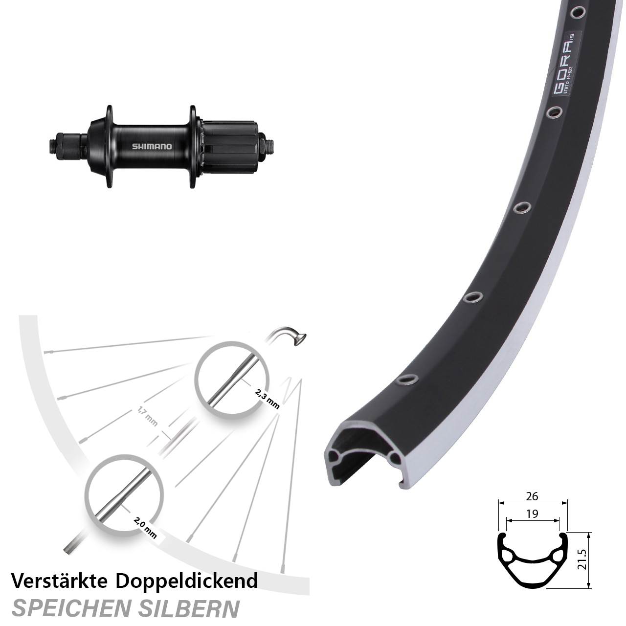 28 Zoll Gora 19 Shimano FH-TY500 Laufrad hinten QR 7 fach