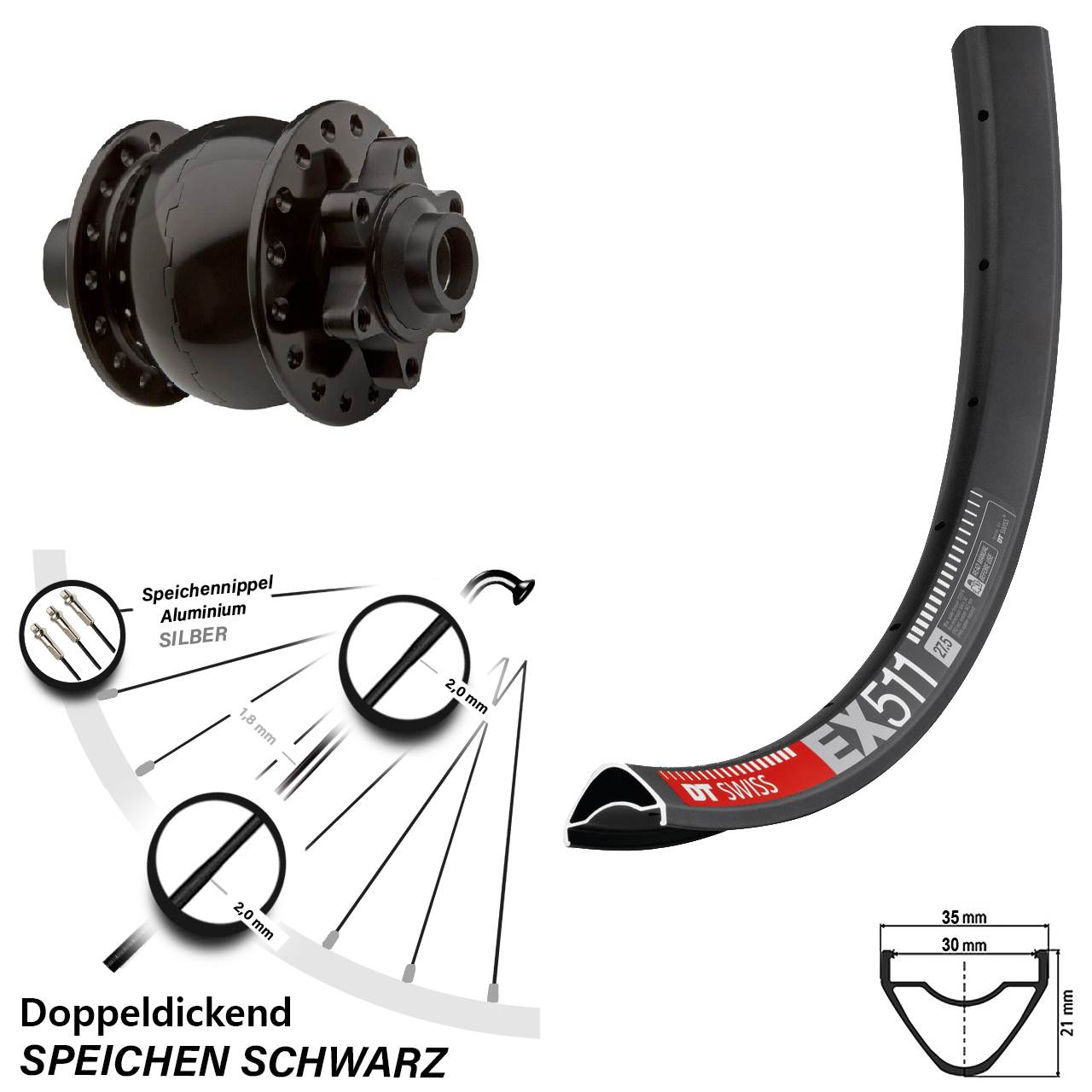 SON 28-15 Nabendynamo DT Swiss EX 511 Vorderrad 6-Loch 27,5 Zoll Steckachse 15x100 mm