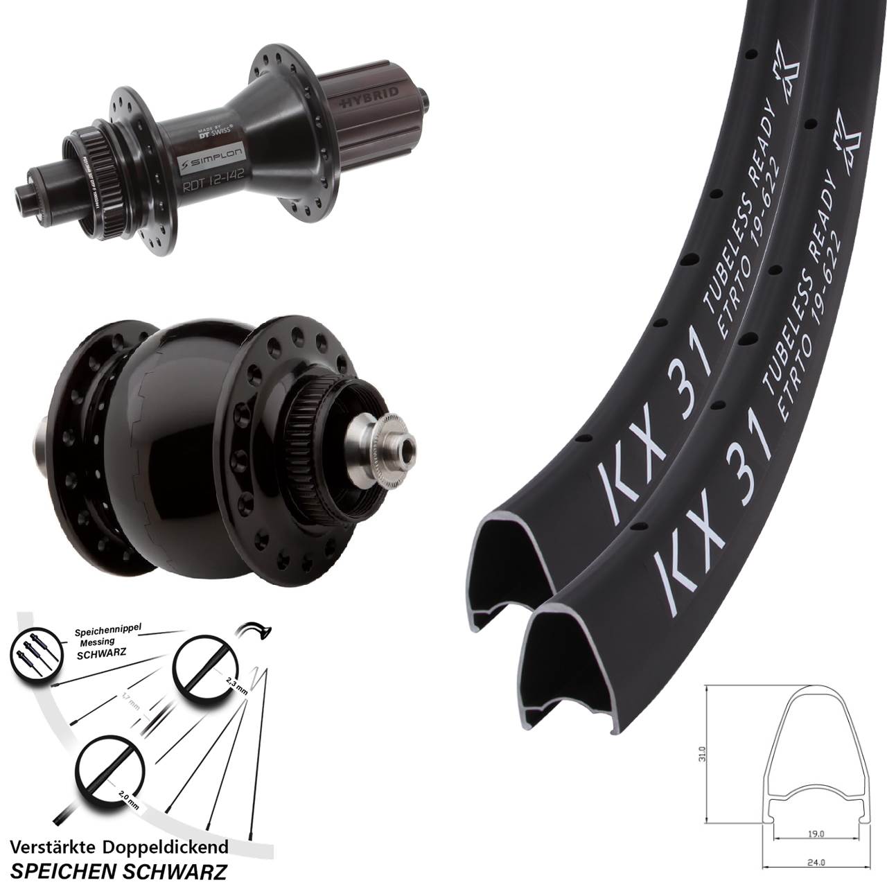 KX31 DT Swiss 370 Hybrid SON delux 28 Zoll Disc Laufradsatz für Schnellspanner 8-11 fach