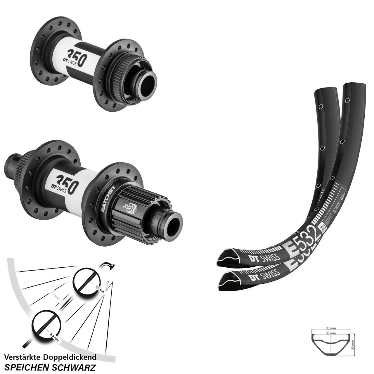 29 Zoll E532-350 DT Swiss Ratchet 36 Centerlock Laufradsatz 15x100 12x142 Micro Spline