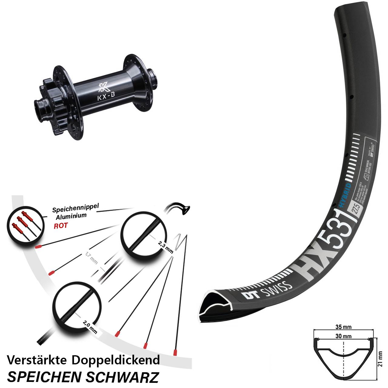 Boost Vorderrad verstärkt 29 Zoll DT Swiss HX 531 mit KX-B 15x110 mm 6-Loch
