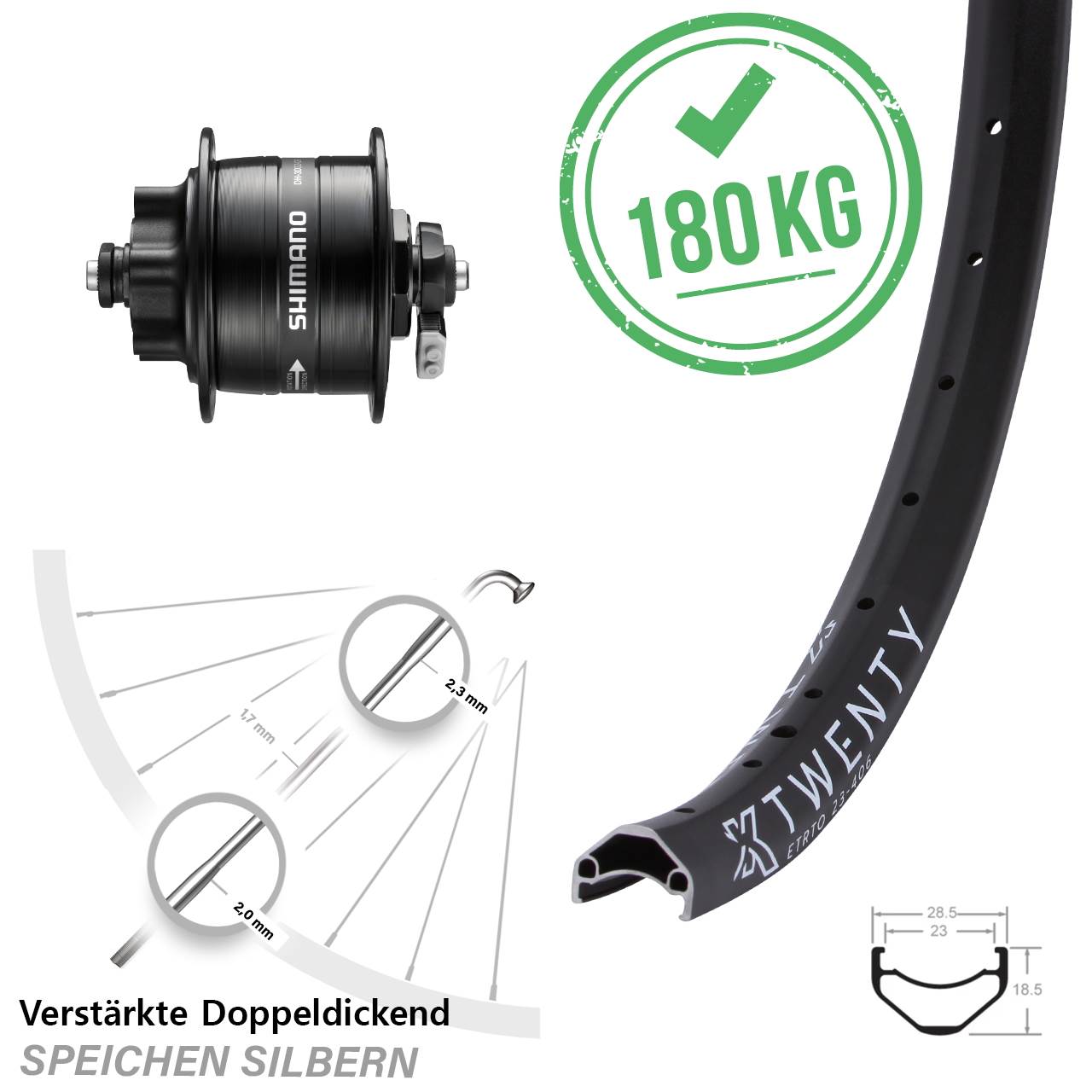 20 Zoll KX Twenty Shimano DH-3D32 Disc Nabendynamolaufrad für Schnellspanner