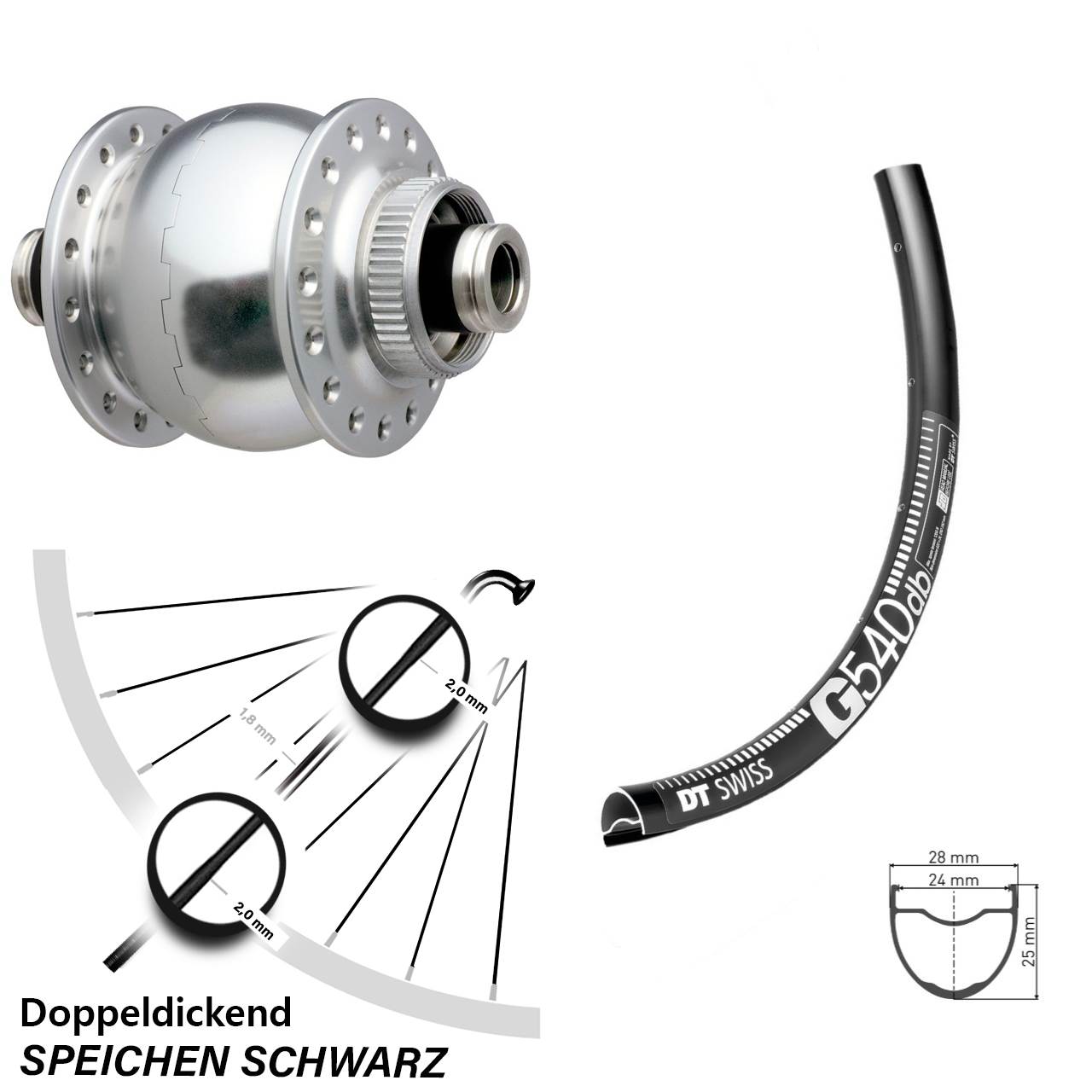 SON 28 DT Swiss G 540 27,5 Zoll Disc Laufrad mit Nabendynamo 12x100