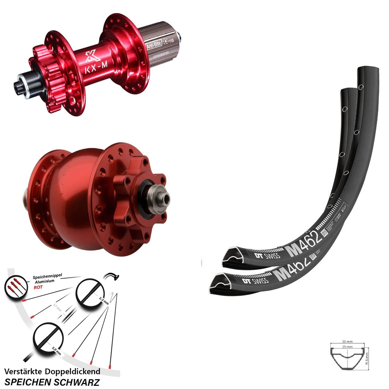 DT Swiss M462 KX-M rot Disc 6-Loch SON 28 27,5 Zoll Laufrad-Satz QR 8-12 fach