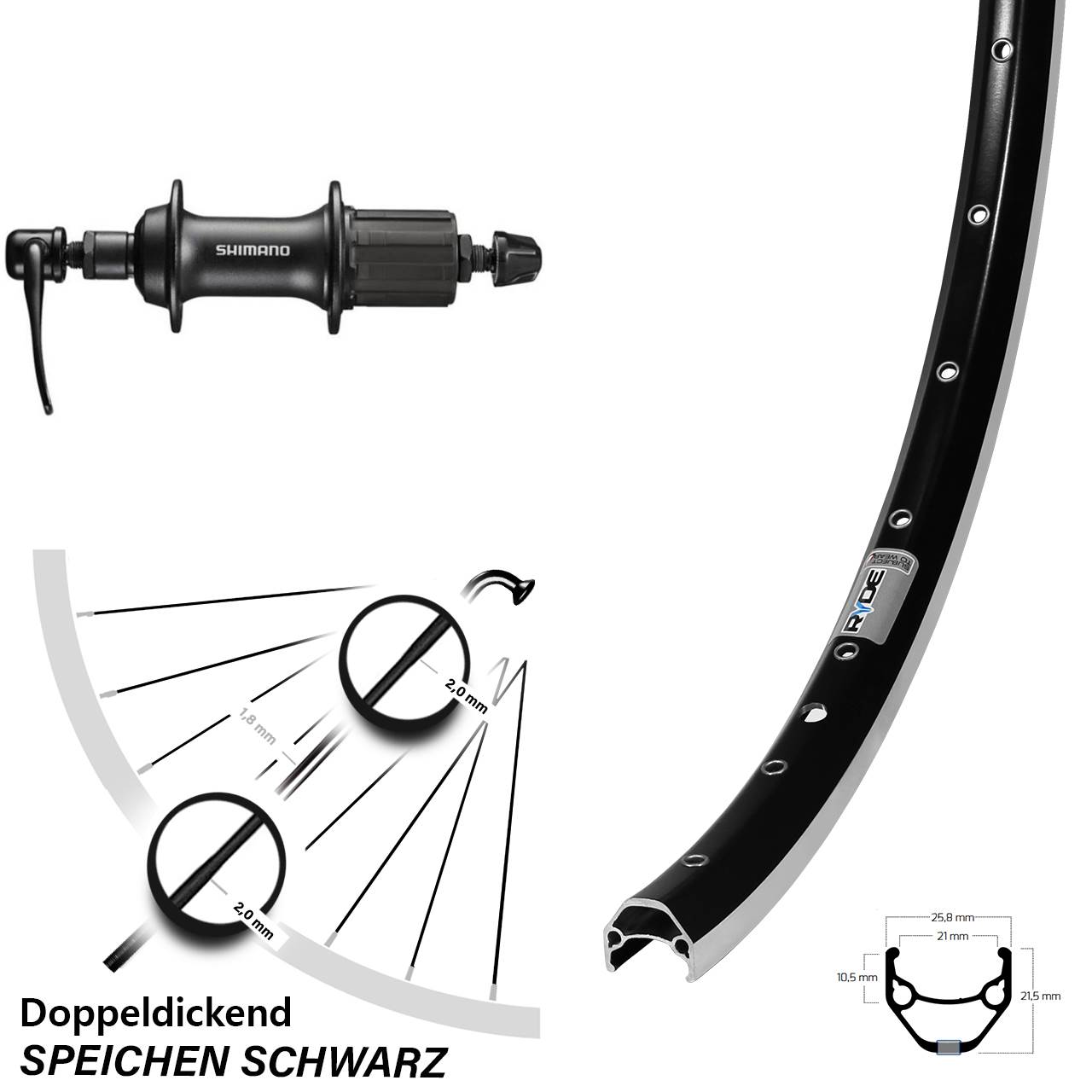 Ryde ZAC 421 Shimano T3000 26 Zoll Hinterrad für Schnellspanner 8-11 fach HG