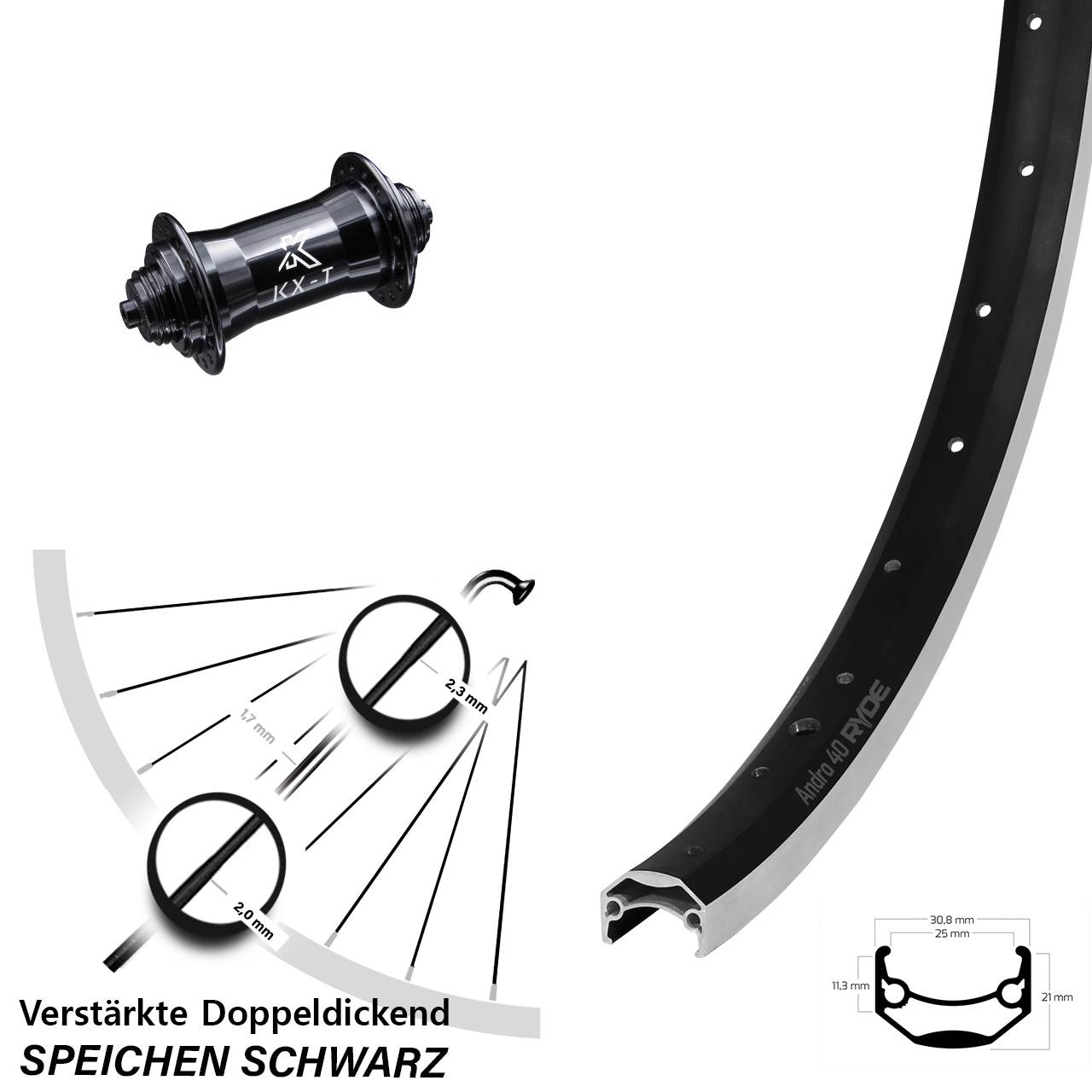 schwarzes 26 Zoll Vorderrad Ryde Andra 40 verstärkt Felgenbremse KX-T 4 Kugellager