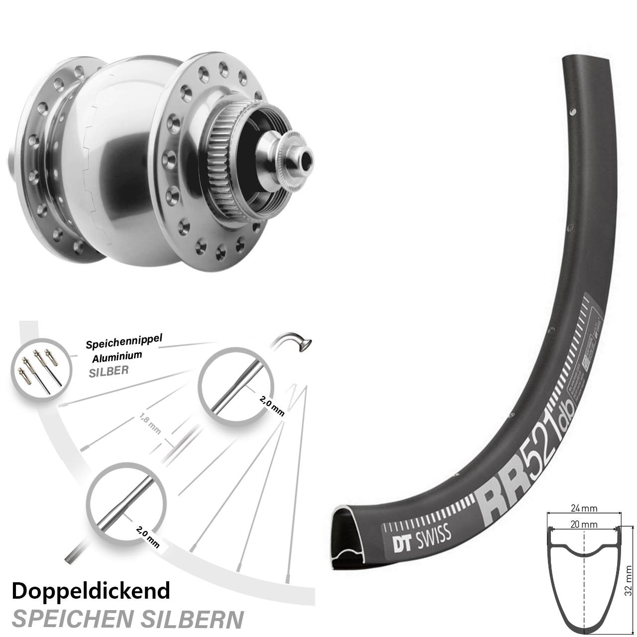 SON 28 Zoll Vorderrad Nabendynamo Centerl. silbern eloxiert DT Swiss RR 521 DB