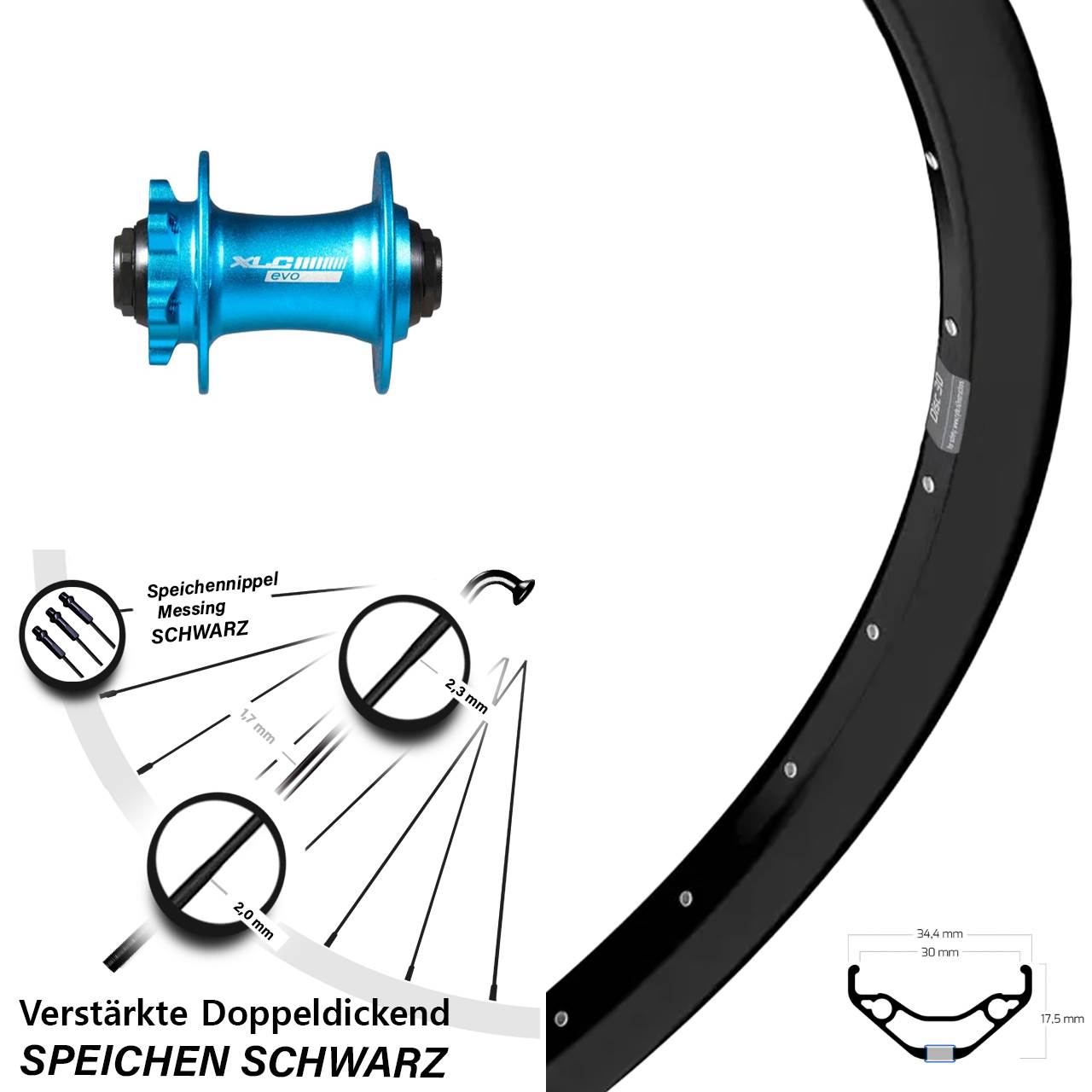 Vorderrad 27,5 Zoll Ryde Disc 30 XLC Evo blau 15x100