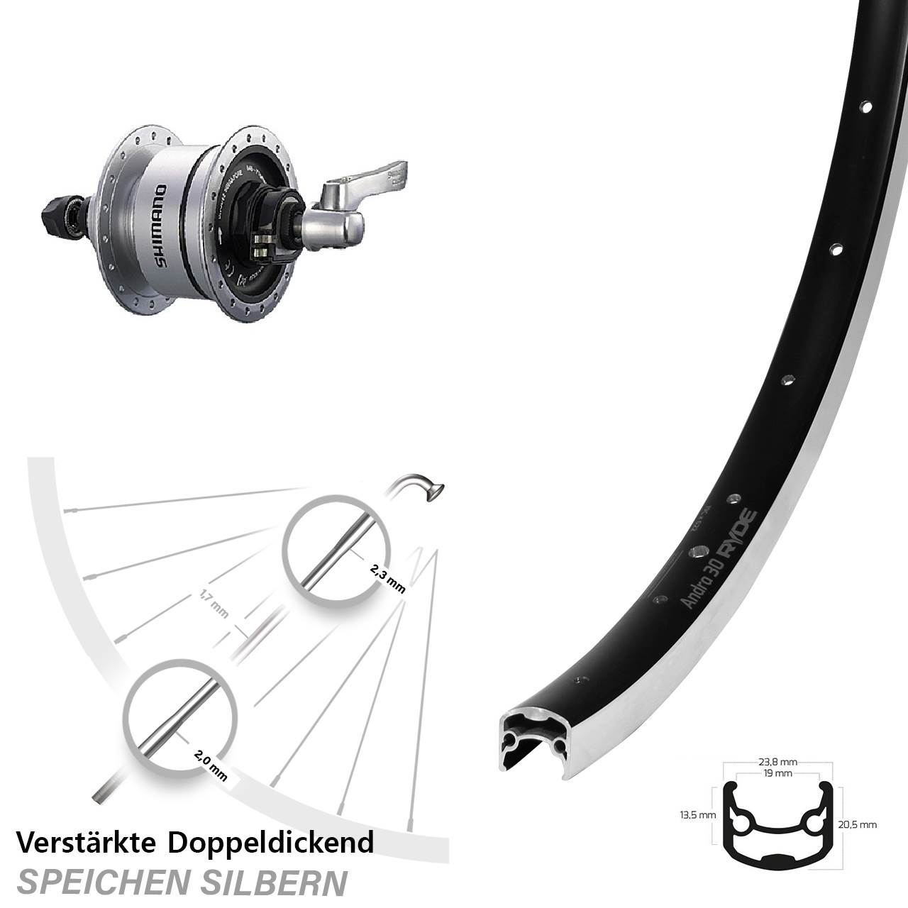 Vorderrad mit Nabendynamo QR 28 Zoll Ryde Andra 30 Shimano DH-3D72