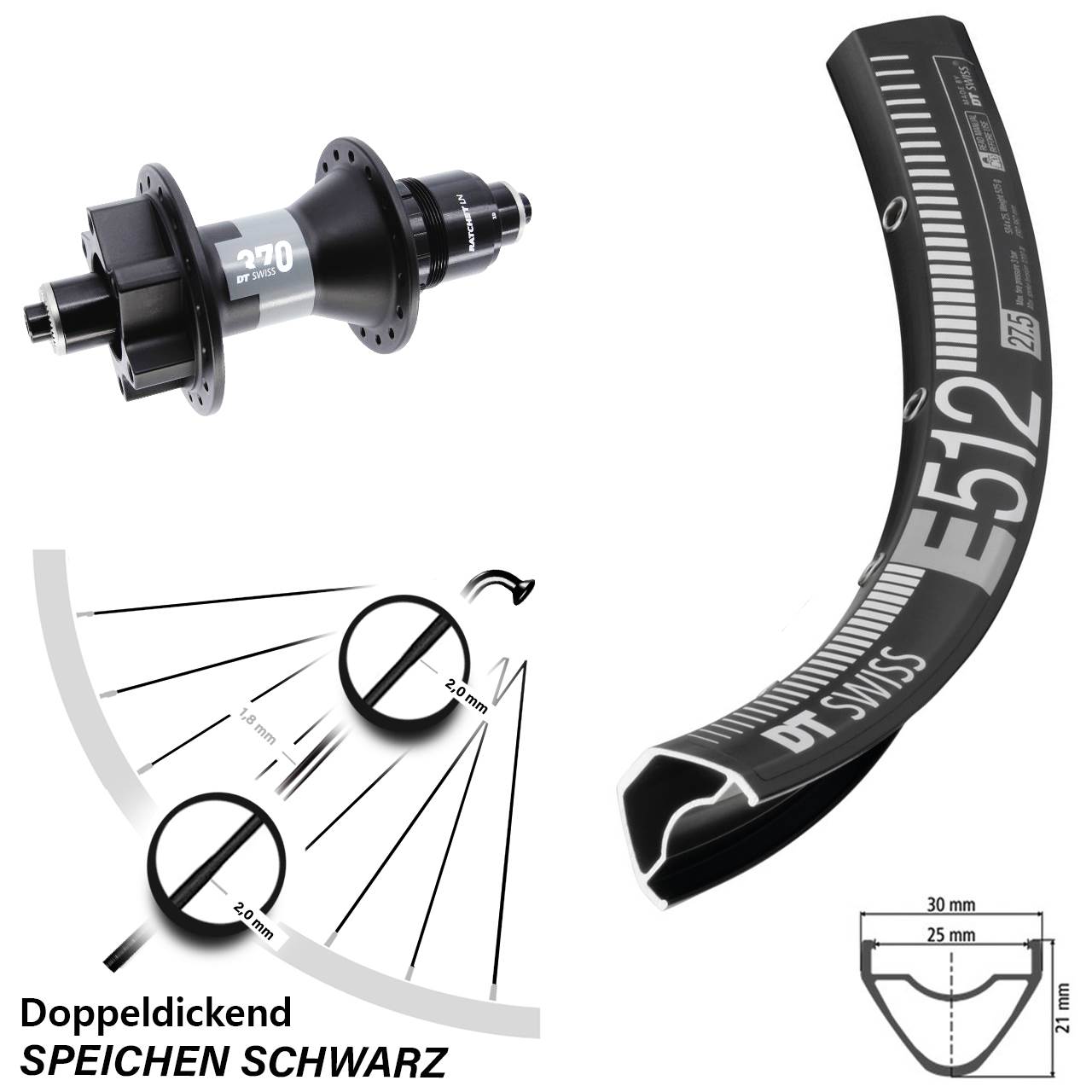 29 Zoll DT Swiss E 512 370 Boost 6-Loch Hinterrad QR SRAM XD