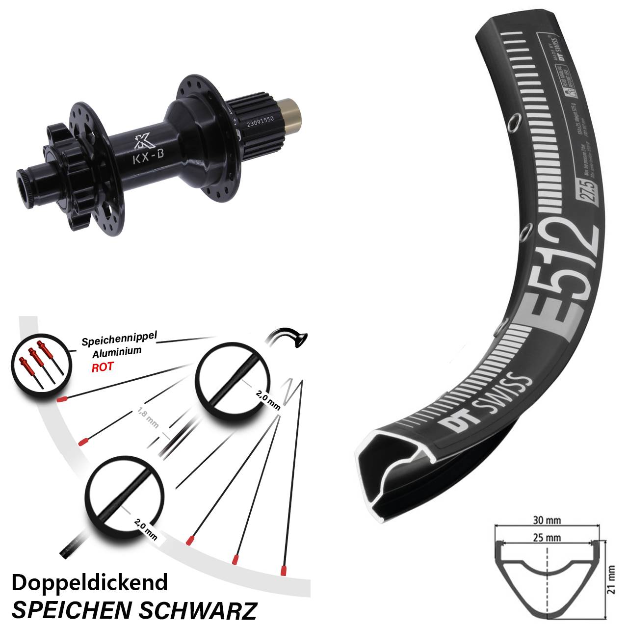 Hinterrad 27,5 Zoll DT Swiss E 512 KX-B 6-Loch Micro Spline 12x148