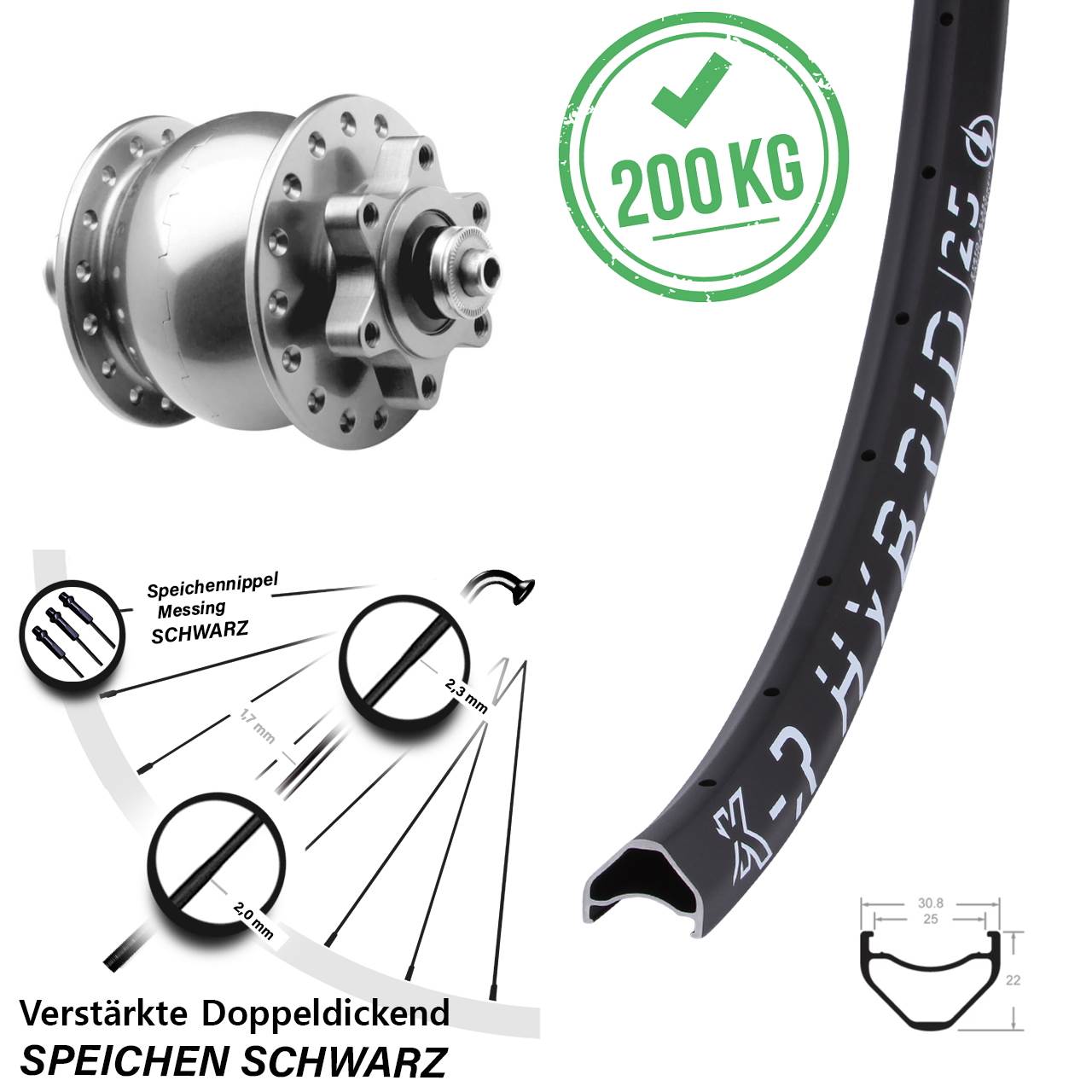 SON 28 KX-R Hybrid 25 28-29 Zoll Vorderrad mit Nabendynamo 6-Loch für Schnellspanner